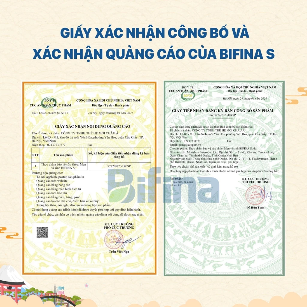 Men vi sinh Bifina Nhật Bản - Loại S 60 gói - giấy xác nhận