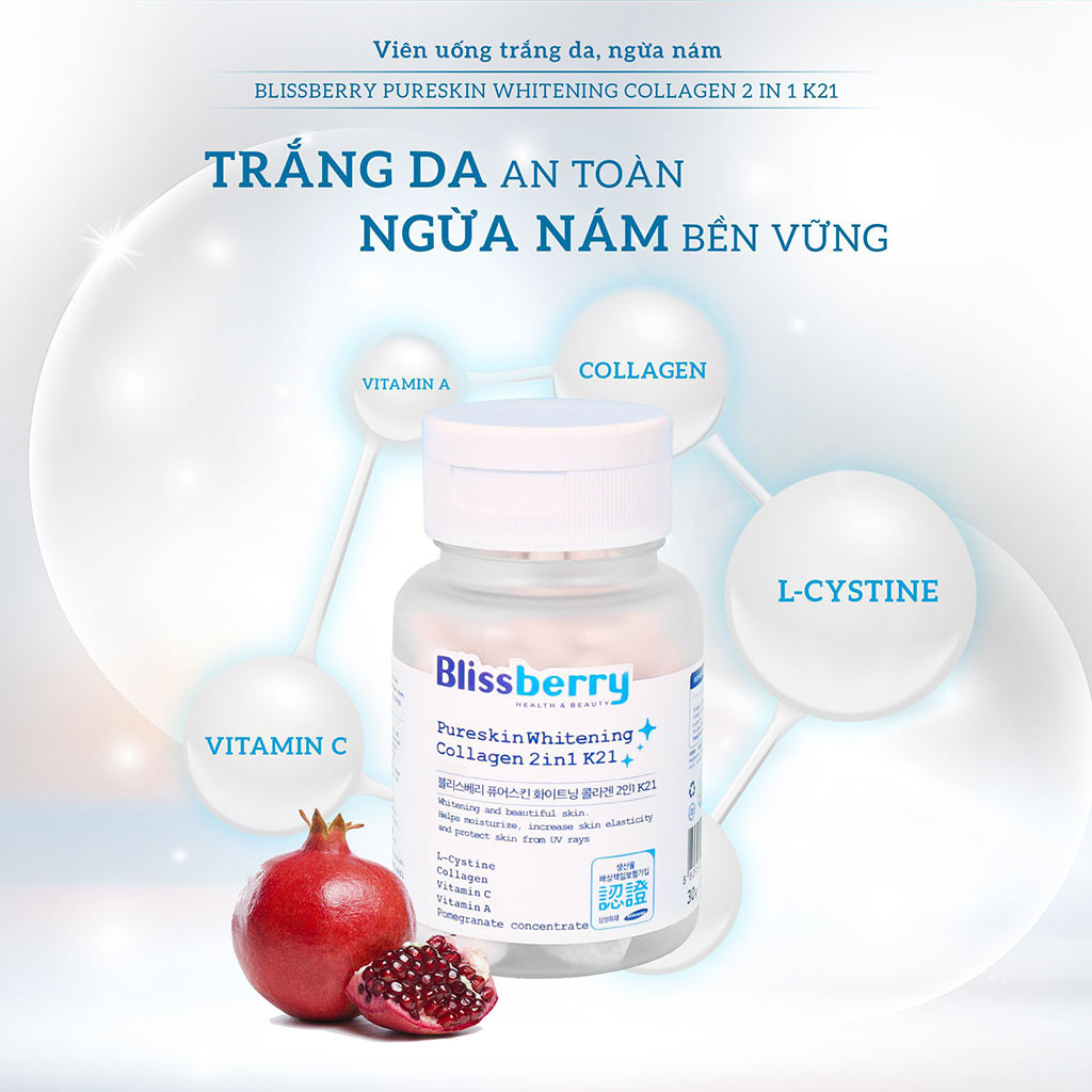 Viên uống trắng da Blissberry Pureskin Whitening Collagen 2in1 K21 - hinh 02