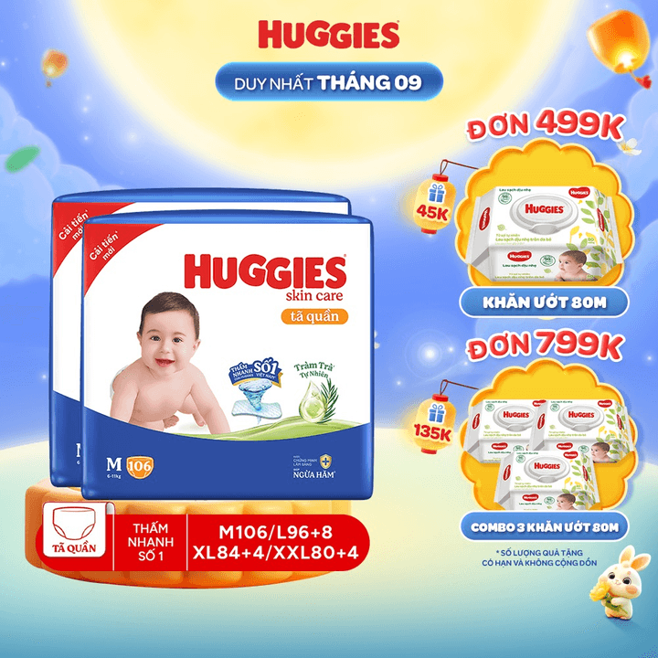 Combo 2 Gói Tã/ Bỉm Quần Huggies Skincare Mega Jumbo - bn trung thu